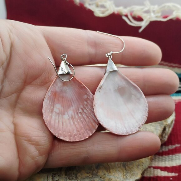 Sterling Silver & Authentic Real Orange Scallop Shell Seashell Dangle Earrings - Picture 4 of 5